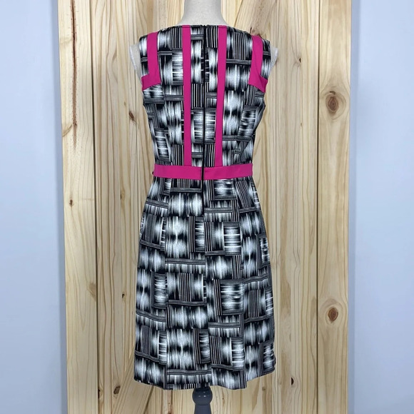 Renuar Sleeveless Midi Sheath Dress Size 6 Black Geometric Print Hot Pink Trim - Picture 5 of 11